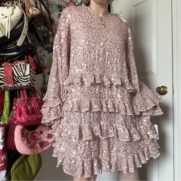 ASOS EDITION NWT frill sequin smock mini dress in blush SMALL - Picture 2 of 5